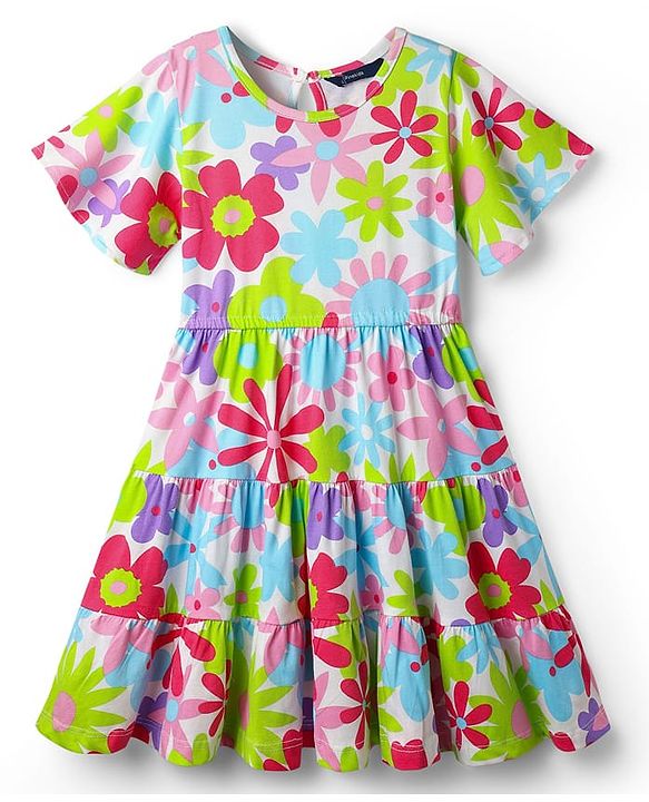 Pine Kids 100% Cotton Half Sleeves Floral Printed Tiered Dress - Multi Colour
