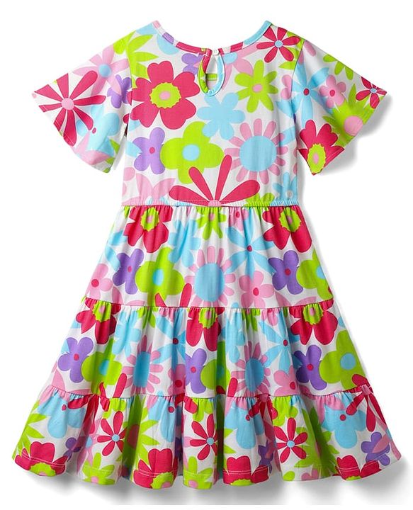 Pine Kids 100% Cotton Half Sleeves Floral Printed Tiered Dress - Multi Colour
