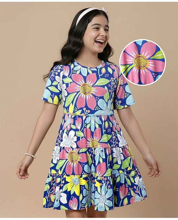 Pine Kids 100% Cotton Half Sleeves Floral Printed Tiered Dress - Blue