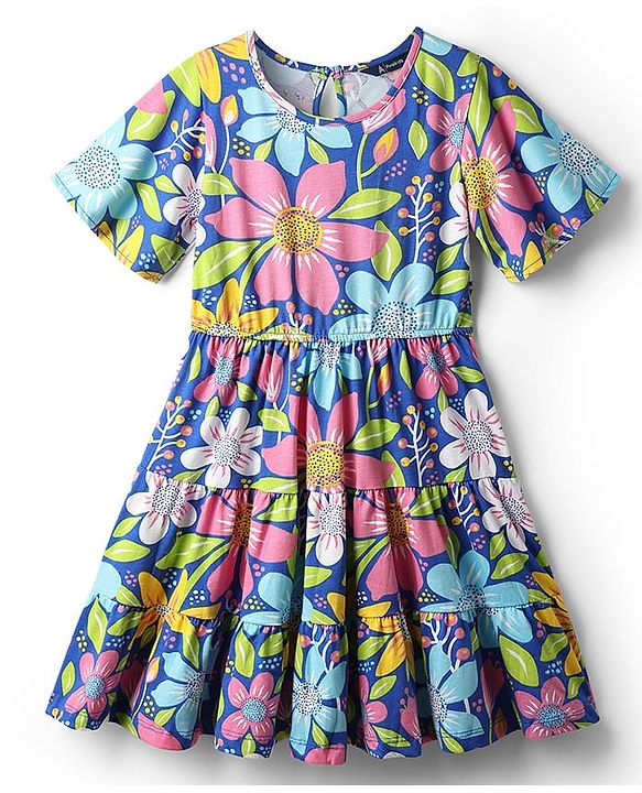 Pine Kids 100% Cotton Half Sleeves Floral Printed Tiered Dress - Blue