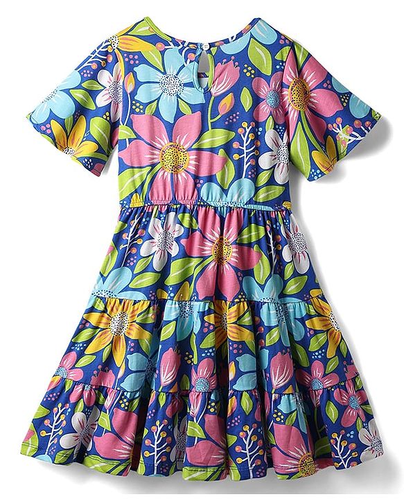 Pine Kids 100% Cotton Half Sleeves Floral Printed Tiered Dress - Blue