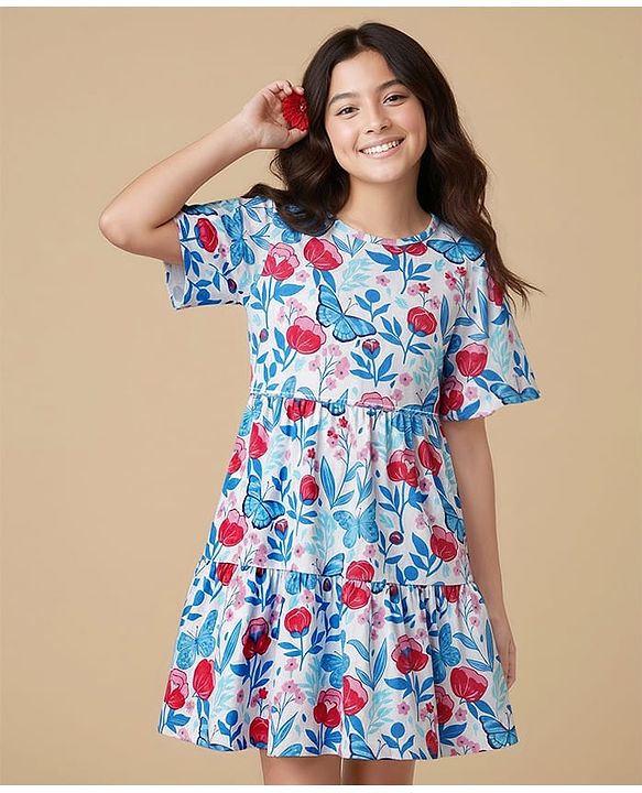Pine Kids 100% Cotton Half Sleeves Floral & Butterfly Printed Tiered Dress - Multi Colour