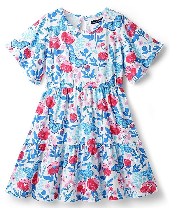 Pine Kids 100% Cotton Half Sleeves Floral & Butterfly Printed Tiered Dress - Multi Colour