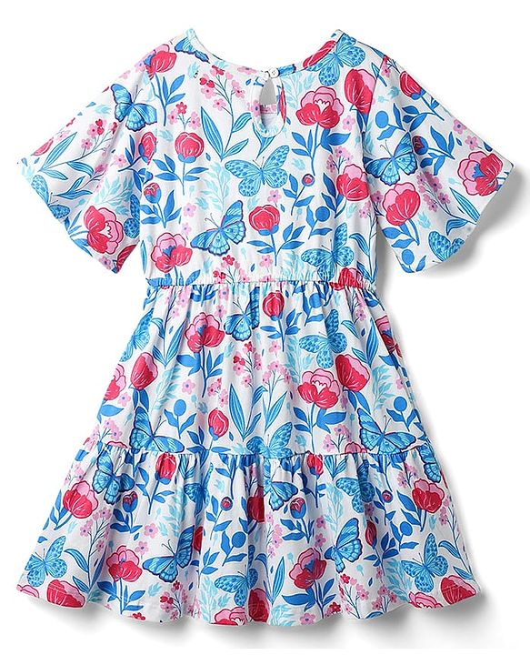 Pine Kids 100% Cotton Half Sleeves Floral & Butterfly Printed Tiered Dress - Multi Colour
