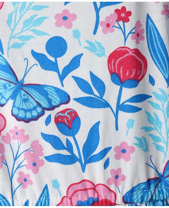 Pine Kids 100% Cotton Half Sleeves Floral & Butterfly Printed Tiered Dress - Multi Colour