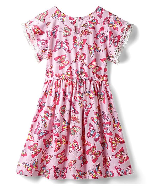 Pine Kids Cotton Knit Half Sleeves Frock With Butterfly Print - Pink
