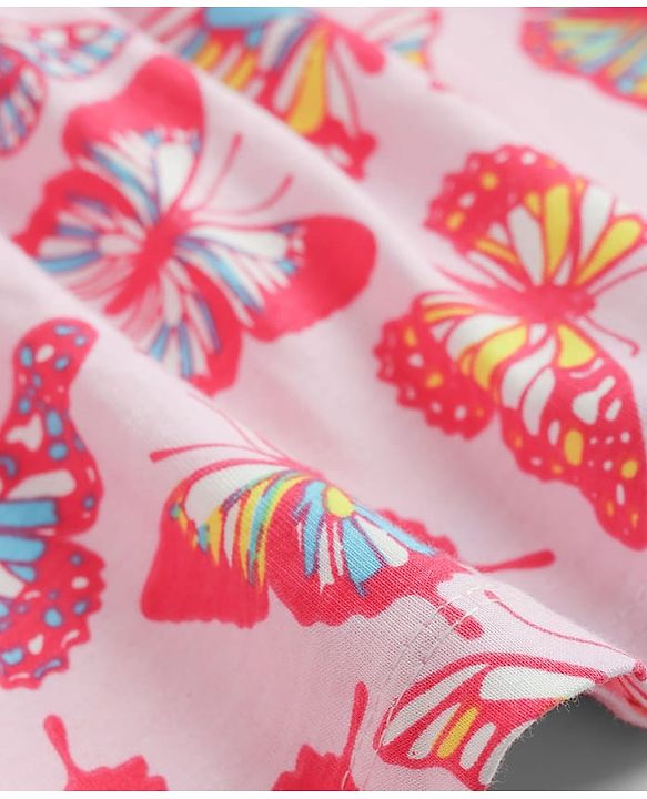 Pine Kids Cotton Knit Half Sleeves Frock With Butterfly Print - Pink