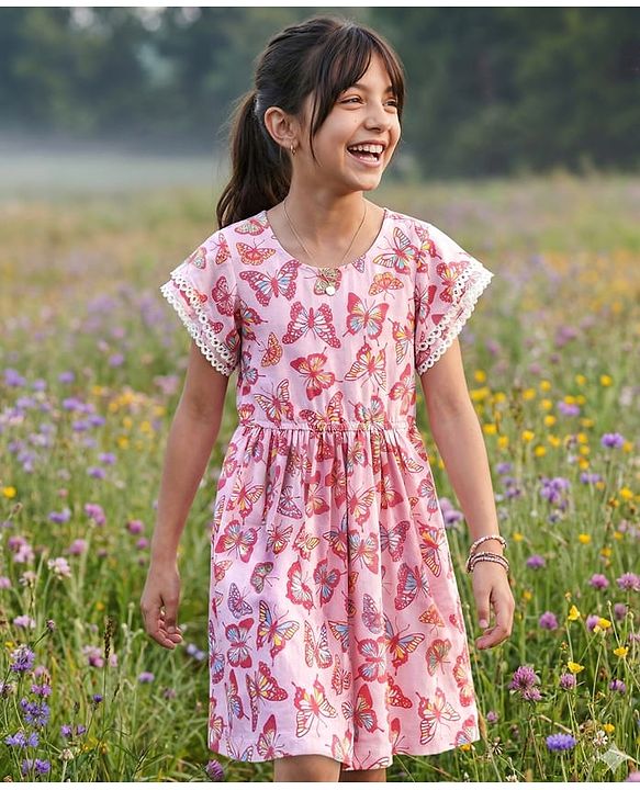 Pine Kids Cotton Knit Half Sleeves Frock With Butterfly Print - Pink