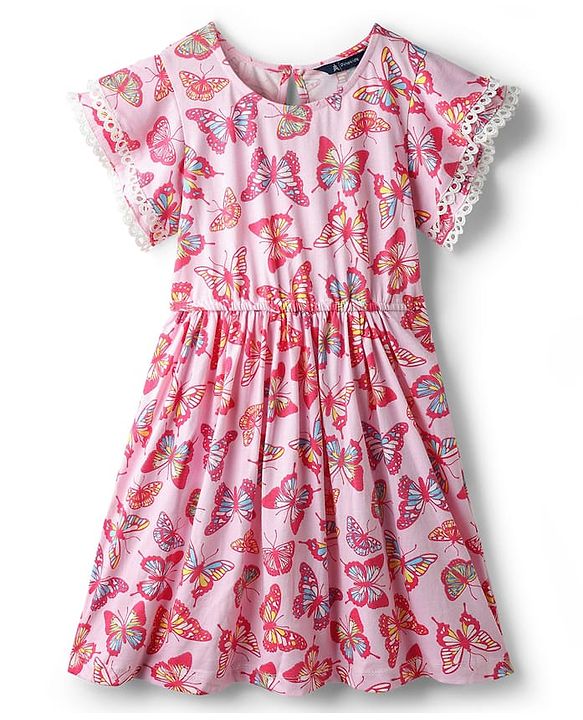 Pine Kids Cotton Knit Half Sleeves Frock With Butterfly Print - Pink