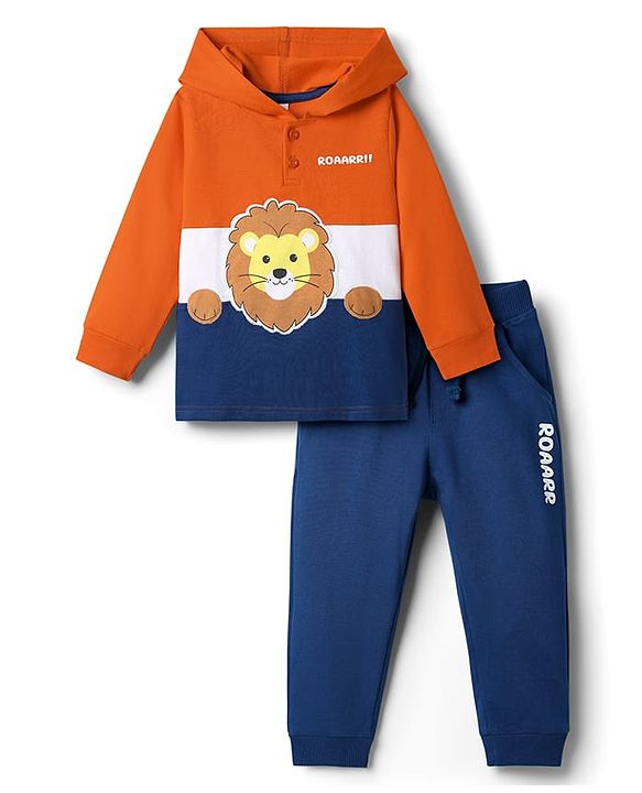 Babyhug Terry Knit Full Sleeves Hooded T-Shirt & Lounge Pant Set With Lion Patch - Orange & Navy Blue
