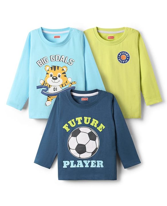 Babyhug 100% Cotton Knit Full Sleeves T-Shirt With Animal Print Pack Of 3 - Light Blue Navy Blue & Limegreen