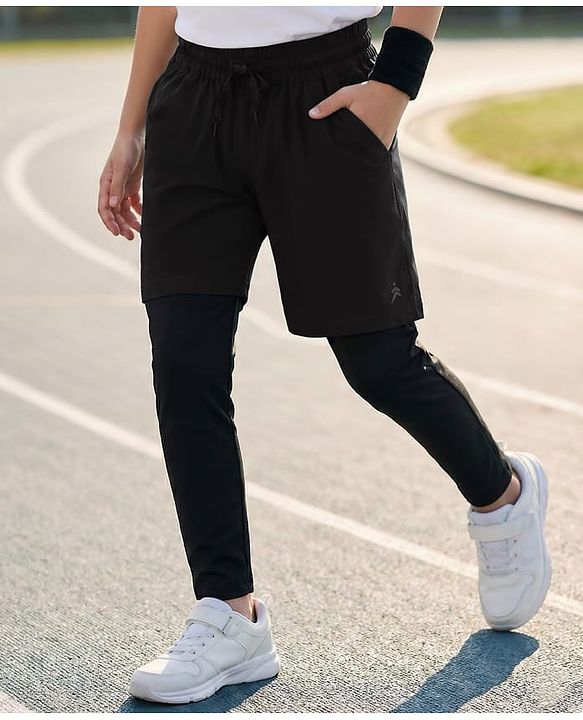 Pine Active Woven Solid Athletic Shorts with Full Length Tights - Black