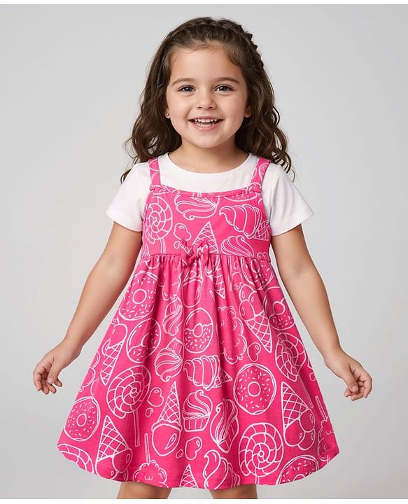 Babyhug Cotton Knit Half Sleeves Inner T-Shirt & Frock with Ice-Cream Print - Dark Pink & White