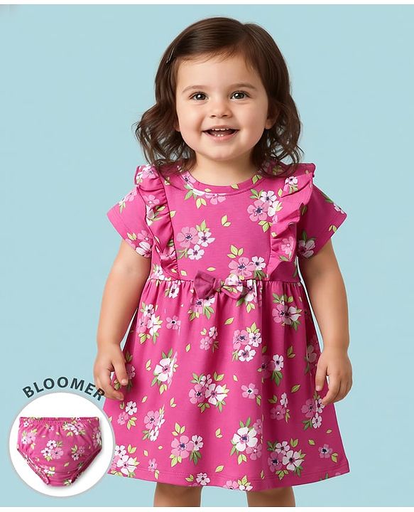 Babyhug Cotton Knit Half Sleeves Frock With Bloomer  Floral Print with Bow Applique & Frill Detailing - Pink