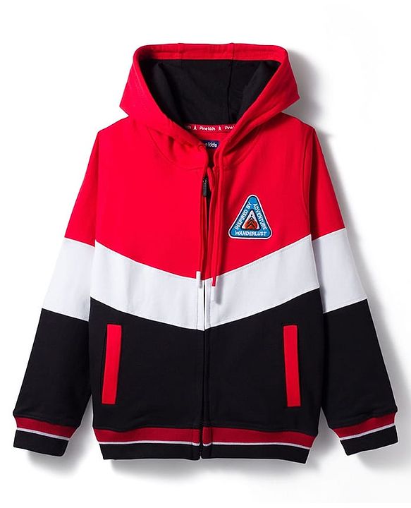 Pine Kids Cotton Knit Full Sleeves Cut & Sew Hooded SweatJacket with Patch Detailing - Multicolor