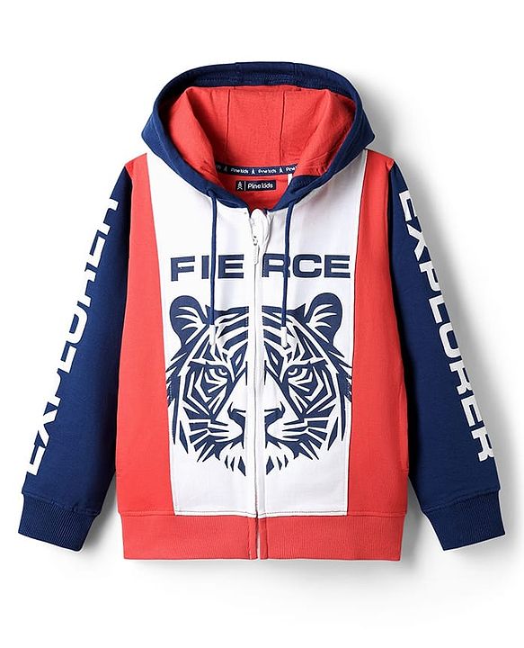 Pine Kids Cotton Knit Full Sleeves Hooded Sweatjacket With Tiger Print - Multicolor