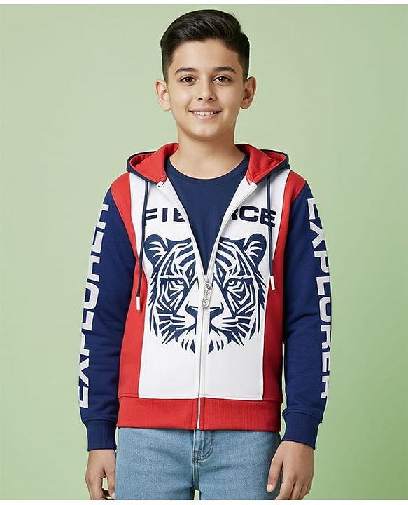 Pine Kids Cotton Knit Full Sleeves Hooded Sweatjacket With Tiger Print - Multicolor