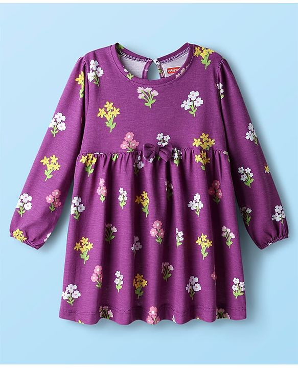 Babyhug Single Jersey Knit Full Sleeves Frock With Floral Print & Bow Applique Pack Of 2 - Purple & Pink