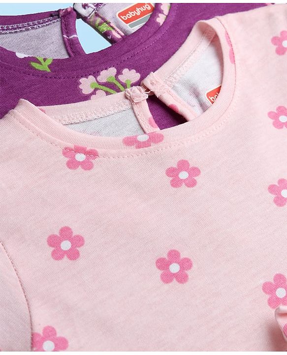 Babyhug Single Jersey Knit Full Sleeves Frock With Floral Print & Bow Applique Pack Of 2 - Purple & Pink