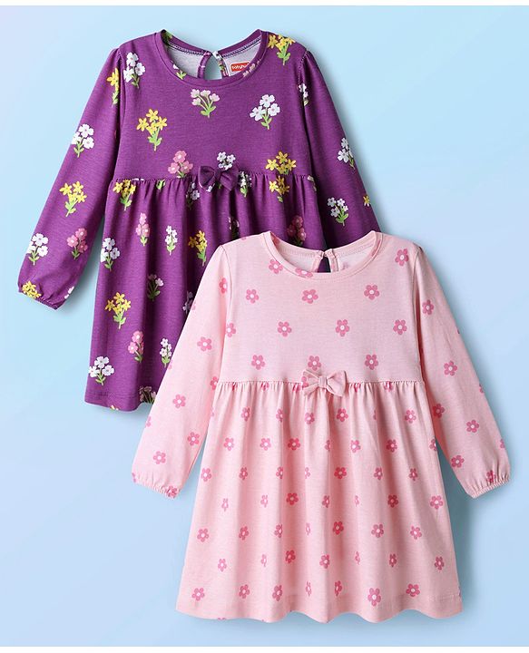 Babyhug Single Jersey Knit Full Sleeves Frock With Floral Print & Bow Applique Pack Of 2 - Purple & Pink