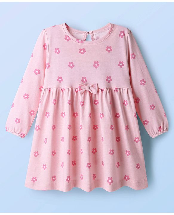 Babyhug Single Jersey Knit Full Sleeves Frock With Floral Print & Bow Applique Pack Of 2 - Purple & Pink