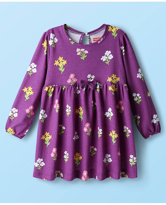 Babyhug Single Jersey Knit Full Sleeves Frock With Floral Print & Bow Applique Pack Of 2 - Purple & Pink