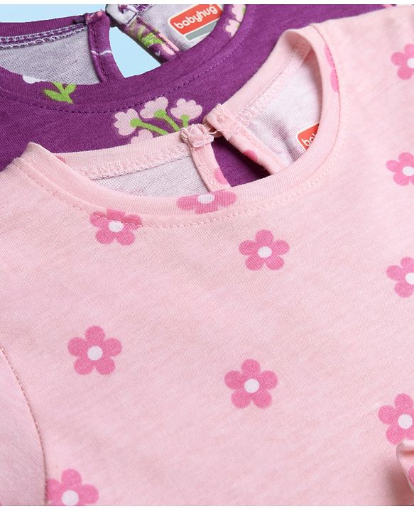 Babyhug Single Jersey Knit Full Sleeves Frock With Floral Print & Bow Applique Pack Of 2 - Purple & Pink