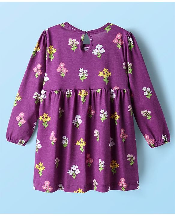 Babyhug Single Jersey Knit Full Sleeves Frock With Floral Print & Bow Applique Pack Of 2 - Purple & Pink