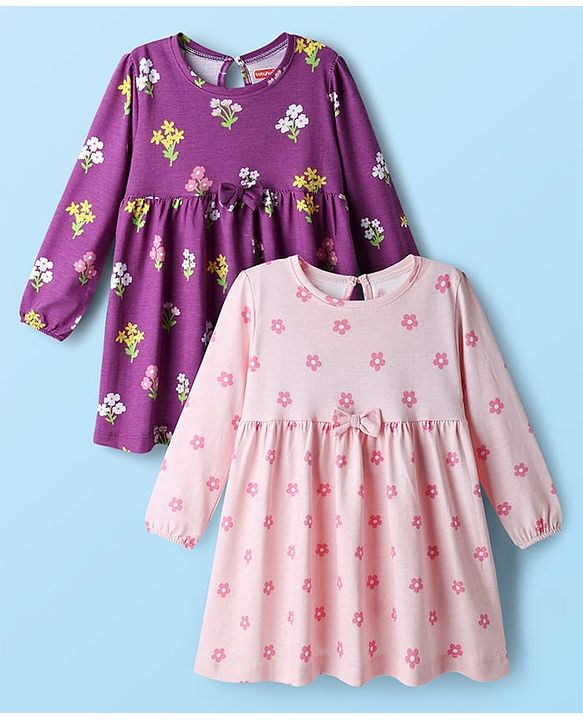 Babyhug Single Jersey Knit Full Sleeves Frock With Floral Print & Bow Applique Pack Of 2 - Purple & Pink