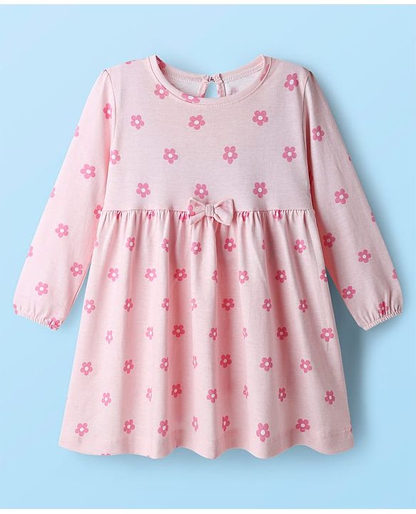 Babyhug Single Jersey Knit Full Sleeves Frock With Floral Print & Bow Applique Pack Of 2 - Purple & Pink