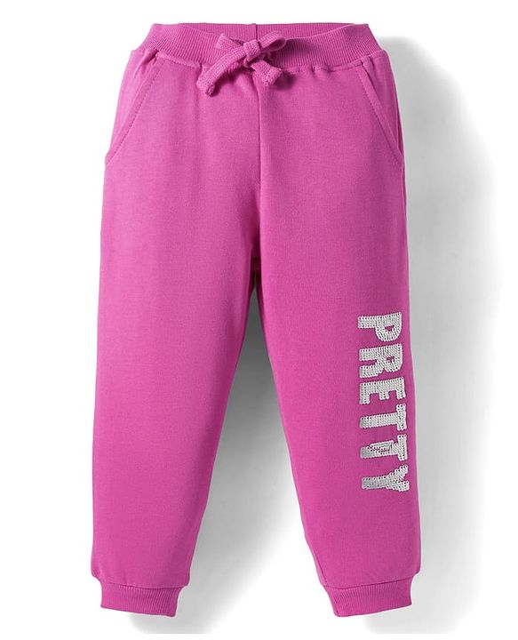 Babyhug Terry Knit Full Length Lounge Pant with Sequin Detailing - Dark Pink