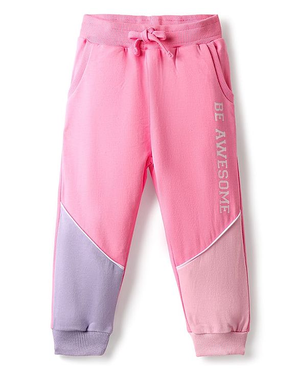 Babyhug Terry Full Length Lounge Pants with Pockets & Be Awesome Text Print - Pink
