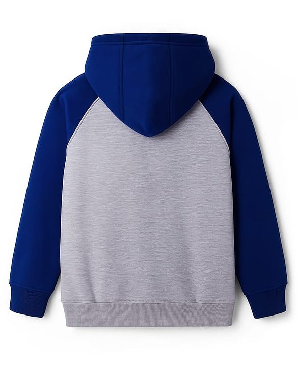 Pine Kids Cotton Knit Full Raglan Sleeves Hooded Sweatshirt With California Print & Kangaroo Pockets - Light Grey & Blue