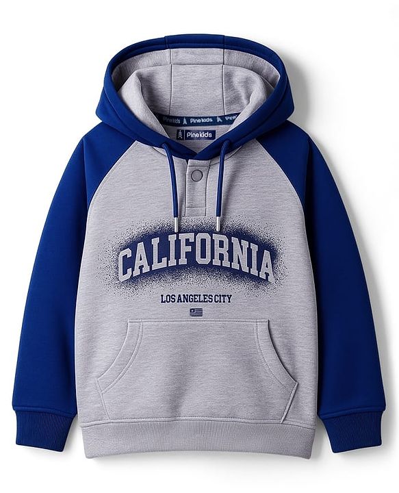 Pine Kids Cotton Knit Full Raglan Sleeves Hooded Sweatshirt With California Print & Kangaroo Pockets - Light Grey & Blue