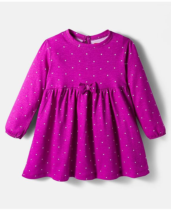 Babyhug Single Jersey Knit Full Sleeves Polka Dots Printed Frock With Leggings & Floral Sling Bag - Purple