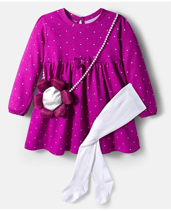 Babyhug Single Jersey Knit Full Sleeves Polka Dots Printed Frock With Leggings & Floral Sling Bag - Purple