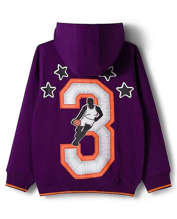 Pine Kids Cotton Knit Full Sleeves Hooded Sweatshirt With Front & Back Basketball Print - Purple