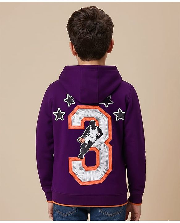 Pine Kids Cotton Knit Full Sleeves Hooded Sweatshirt With Front & Back Basketball Print - Purple