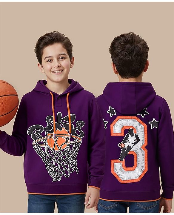 Pine Kids Cotton Knit Full Sleeves Hooded Sweatshirt With Front & Back Basketball Print - Purple