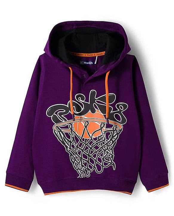 Pine Kids Cotton Knit Full Sleeves Hooded Sweatshirt With Front & Back Basketball Print - Purple