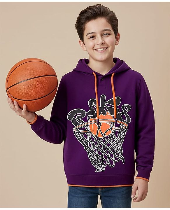 Pine Kids Cotton Knit Full Sleeves Hooded Sweatshirt With Front & Back Basketball Print - Purple