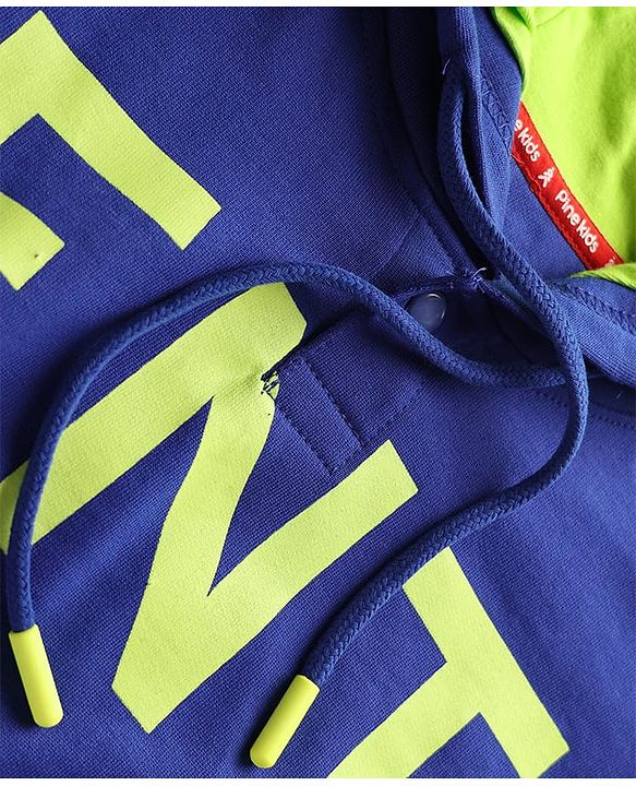 Pine Kids Cotton Knit Full Sleeves Hooded Sweatshirt with Text Print & Kangaroo Pockets - Navy Blue