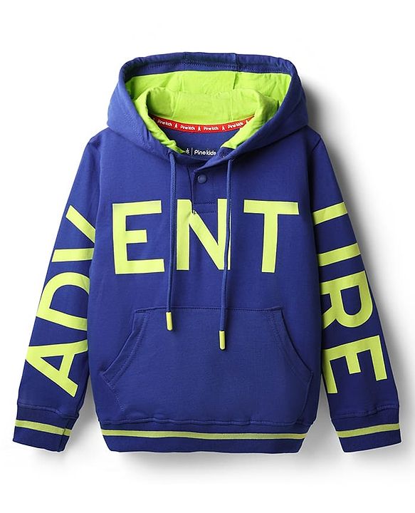 Pine Kids Cotton Knit Full Sleeves Hooded Sweatshirt with Text Print & Kangaroo Pockets - Navy Blue