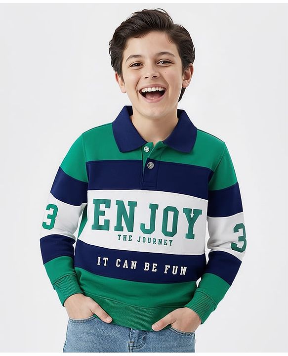 Pine Kids Cotton Knit Full Sleeves Cut & Sew Sweatshirt with Text Graphic - Green