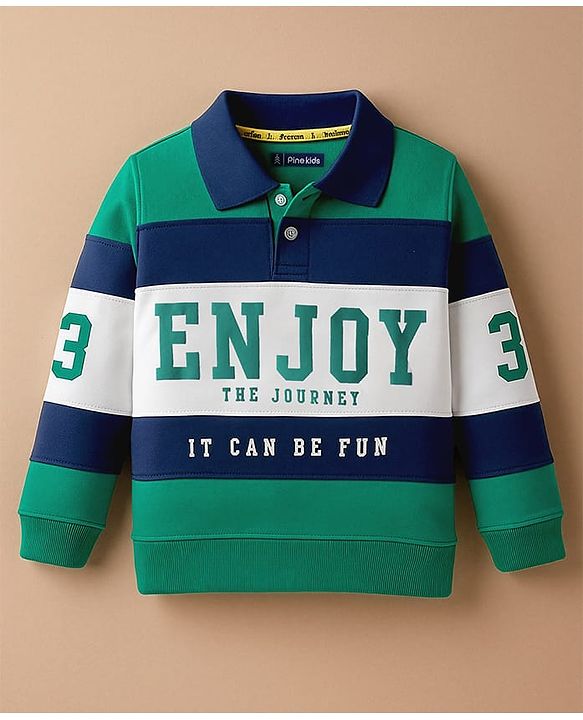 Pine Kids Cotton Knit Full Sleeves Cut & Sew Sweatshirt with Text Graphic - Green