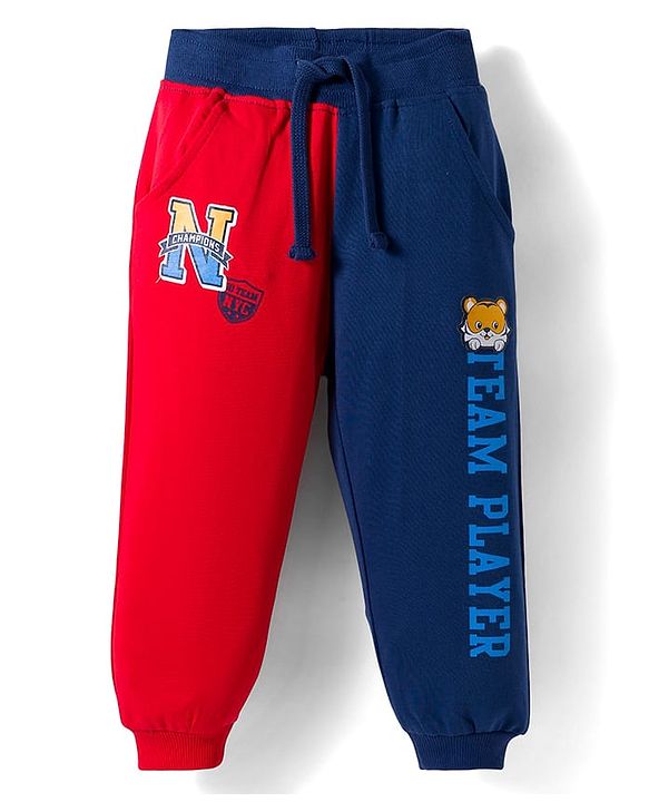 Babyhug Terry Knit Full Length Lounge Pant with Text Print - Red & Navy Blue