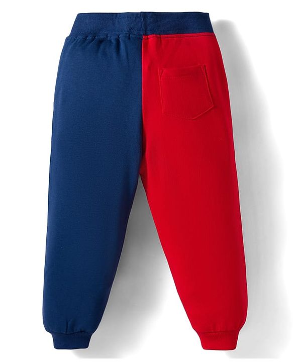 Babyhug Terry Knit Full Length Lounge Pant with Text Print - Red & Navy Blue