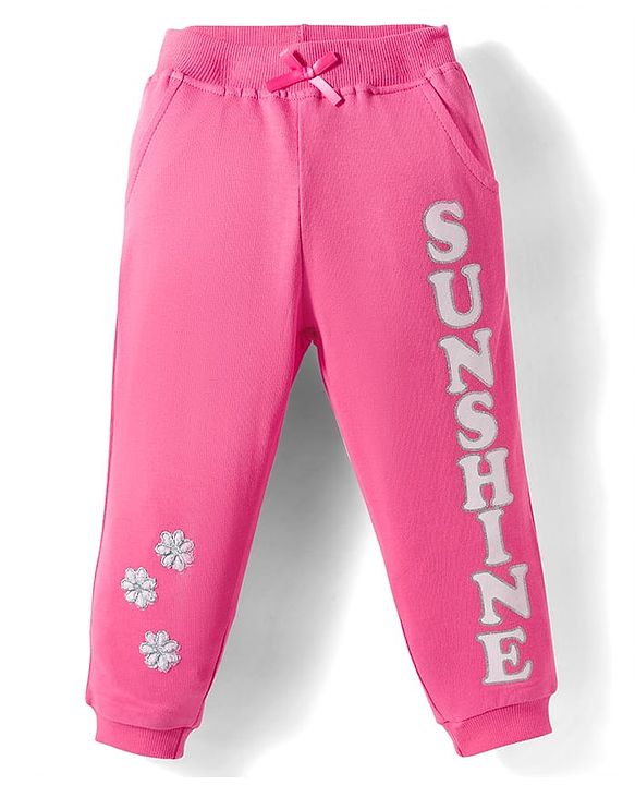 Babyhug Terry Knit Full Length Lounge Pant with Text Glitter Print - Pink