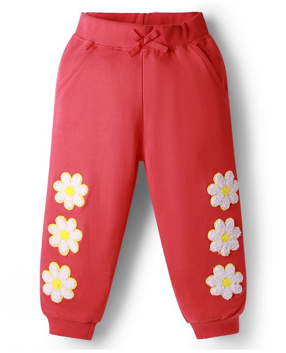 Babyhug Terry Knit Full Length Lounge Pant with Floral Embroidery - Red