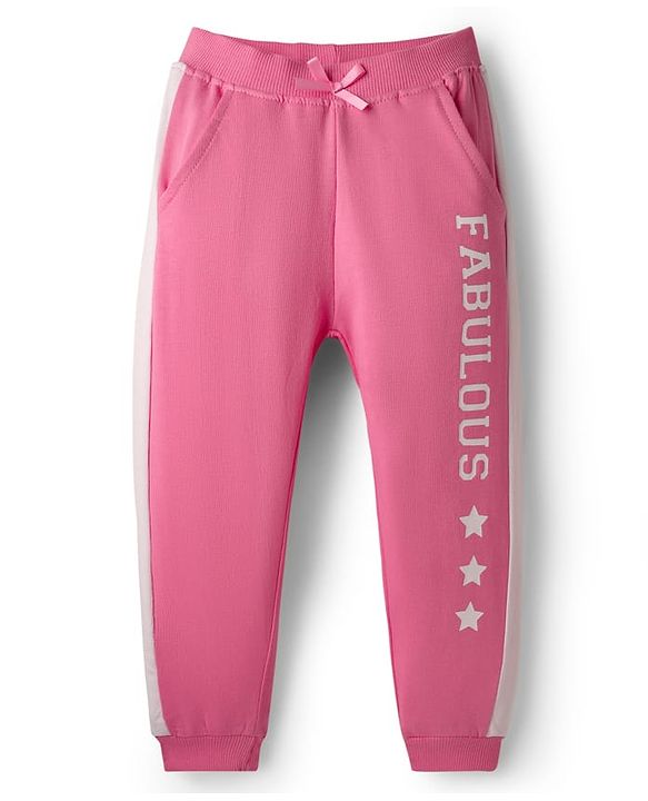 Babyhug Terry Knit Full Length Cut & Sew Lounge Pant with Text Print - Dark Pink